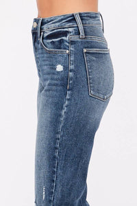 Remi High Rise Slim Straight Jeans – Dark Wash Cuffed Denim with Raw Hem