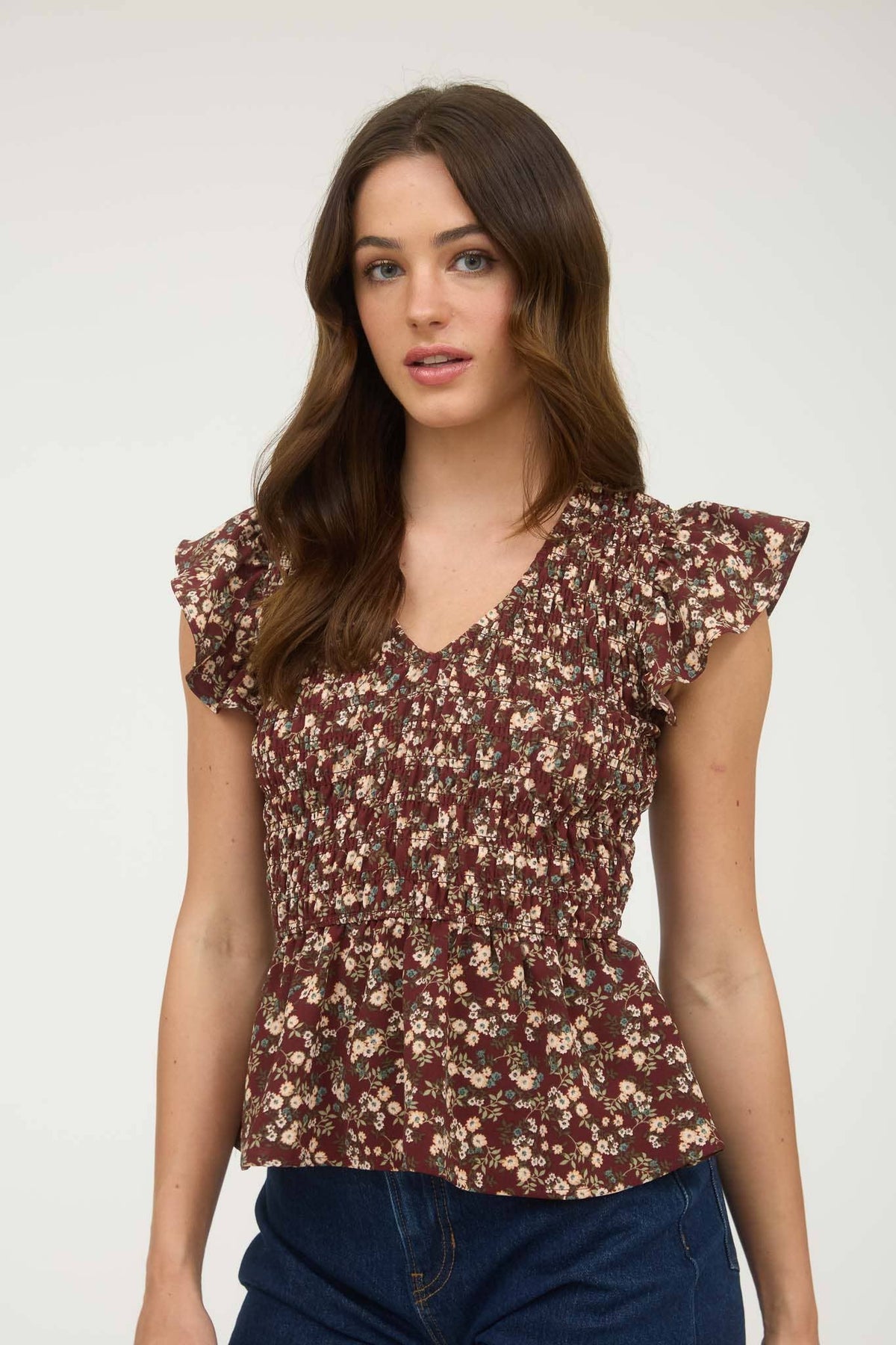 The Willa Smocked Floral Peplum Top – Burgundy Ruffle Sleeve Blouse