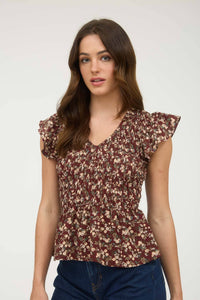 The Willa Smocked Floral Peplum Top – Burgundy Ruffle Sleeve Blouse