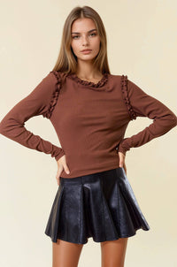 The Wren Ruffle Ribbed Top – Chestnut Brown