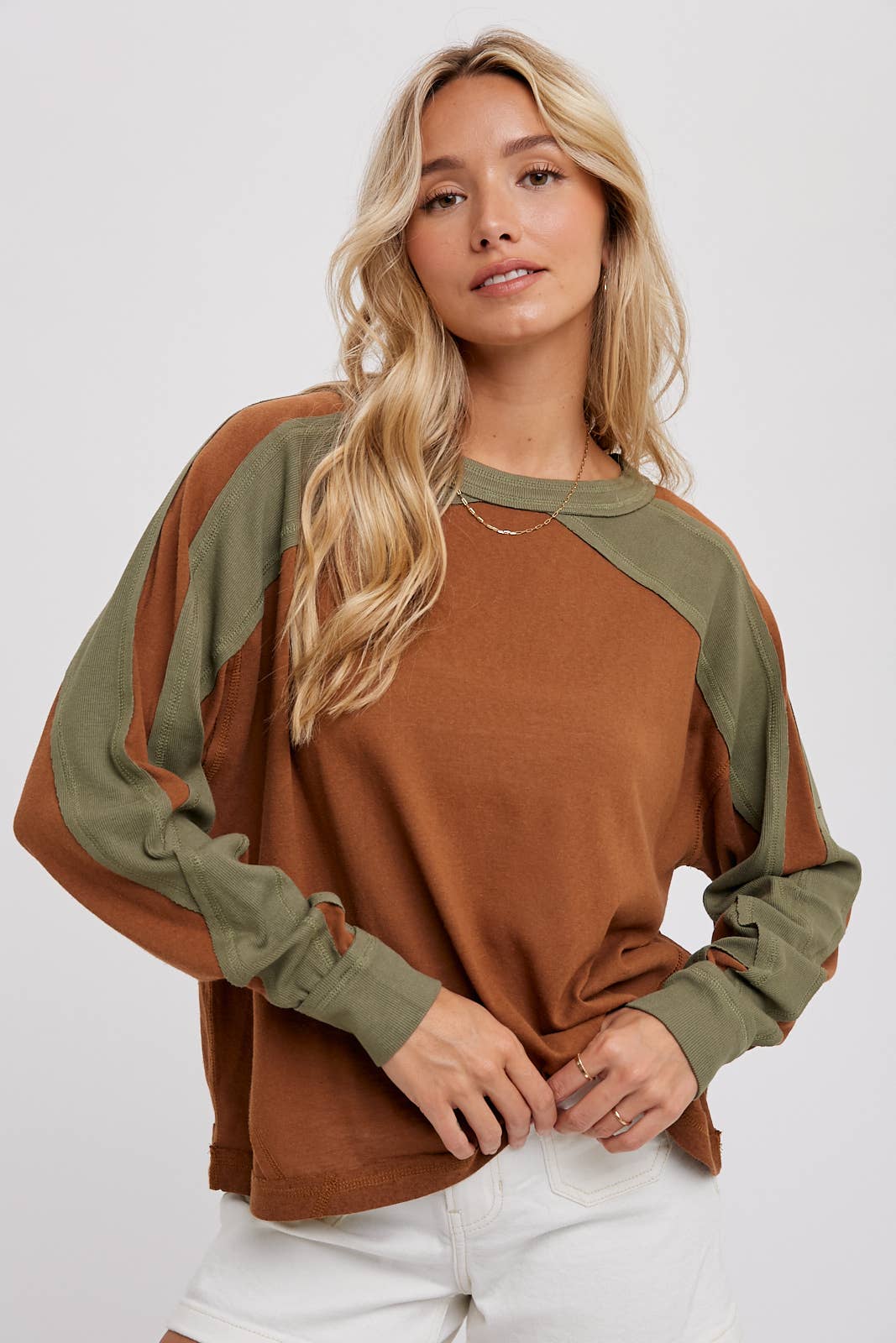 Sutton Contrast Sleeve Oversized Long Sleeve Top – Chestnut & Olive