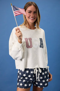 USA Patchwork Sweatshirt : Lt Grey – Patriotic Cropped Pullover Lounge Top
