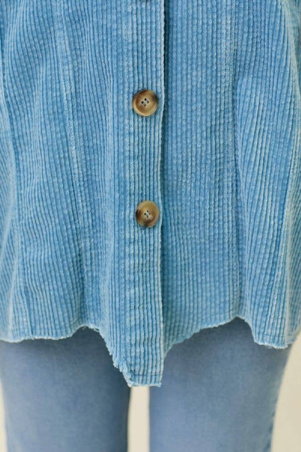 Sadie Color Block Corduroy Hoodie Shacket – Washed Button Down Hi-Low Hem
