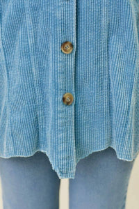 Sadie Color Block Corduroy Hoodie Shacket – Washed Button Down Hi-Low Hem