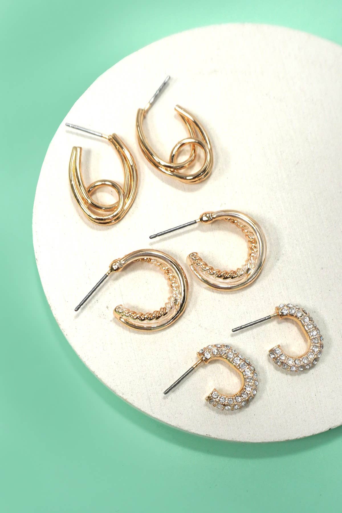 Gold Rhinestone Huggie Hoop Earring Trio – Titanium Post Hypoallergenic Set