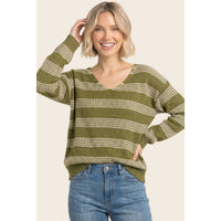 The Maren Olive Stripe Sweater: Matcha Green