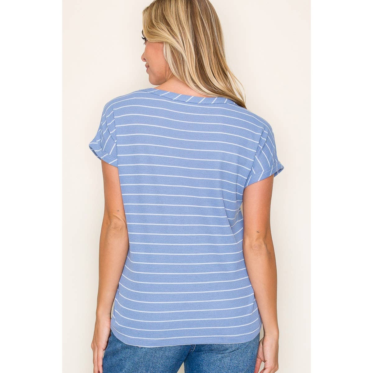 Brielle Boat Neck Thermal Stripe Tee | Casual Blue Striped Shirt