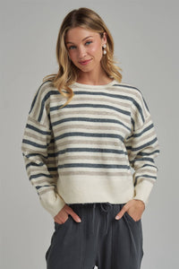 Keeping It Casual Stripe Sweater: Charcoal/ Oatmeal