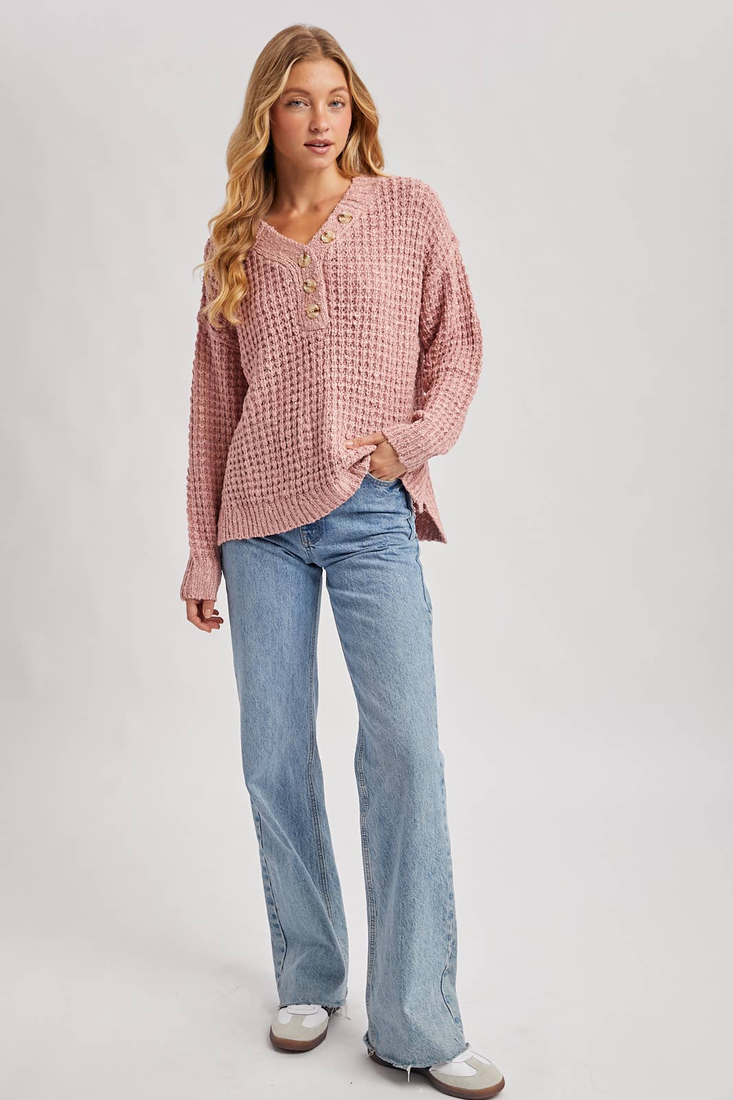 owan Button-Front Thermal Sweater Top – Cozy Knit Henley, Neutral Fall Sweater | Northern Belle Boutique