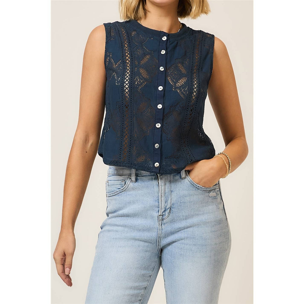 The Isla Lace Button Tank: Navy