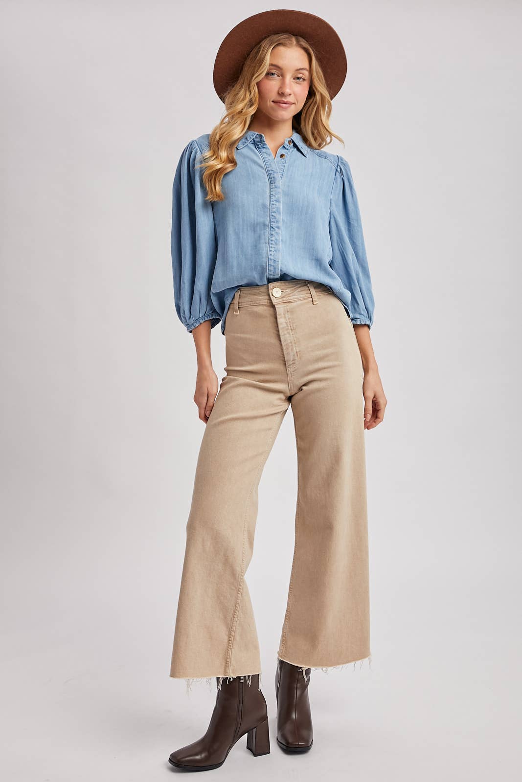 Elowen Denim Balloon Sleeve Button-Up Top