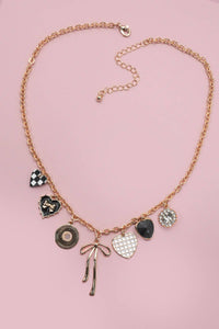 Colette Charm Necklace – Gold Chain with Bow, Checker Heart & Rhinestone Charms