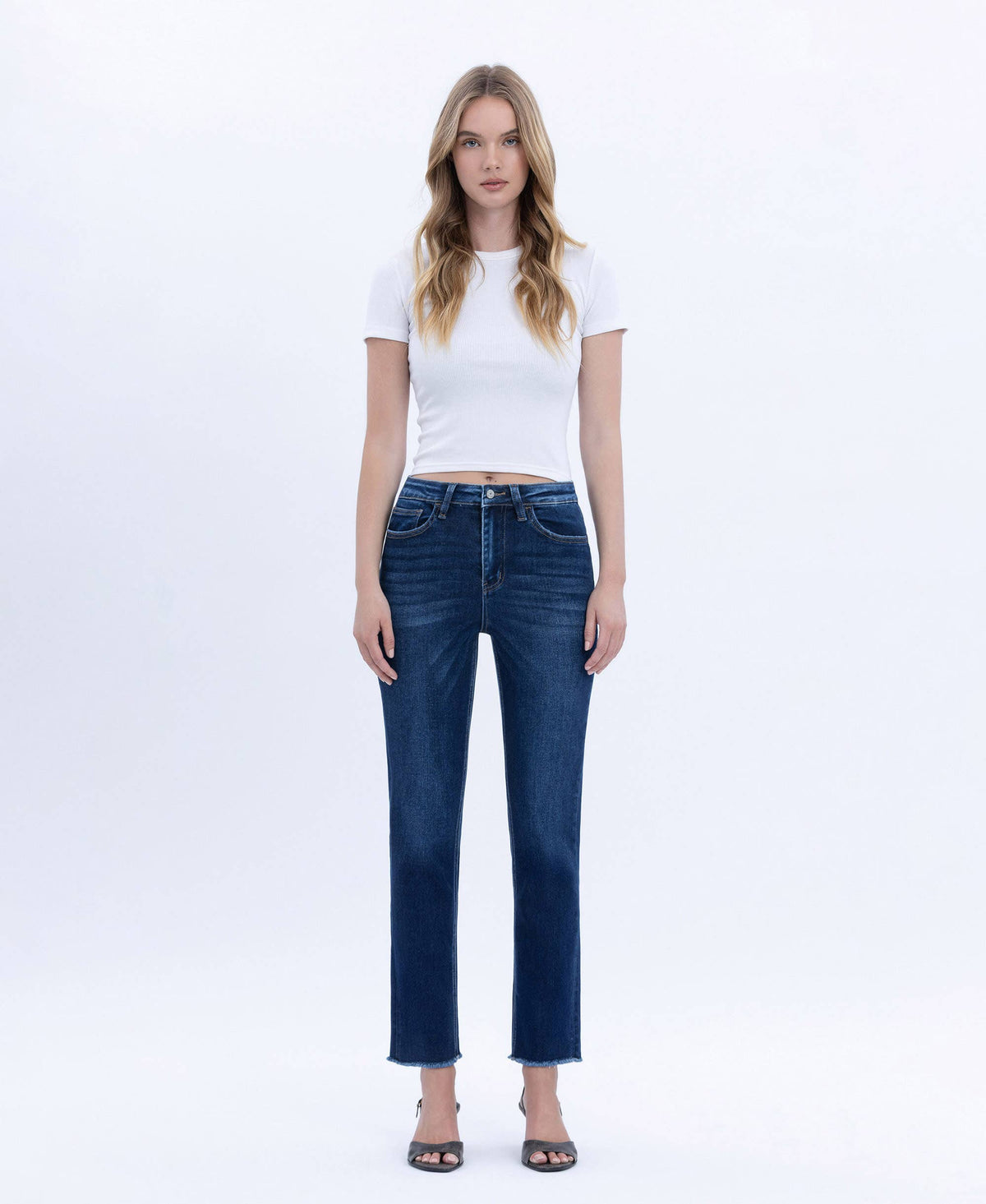 Vervet by Flying Monkey "Elara" Super High Rise Slim Straight Jeans – Raw Hem Cropped Denim