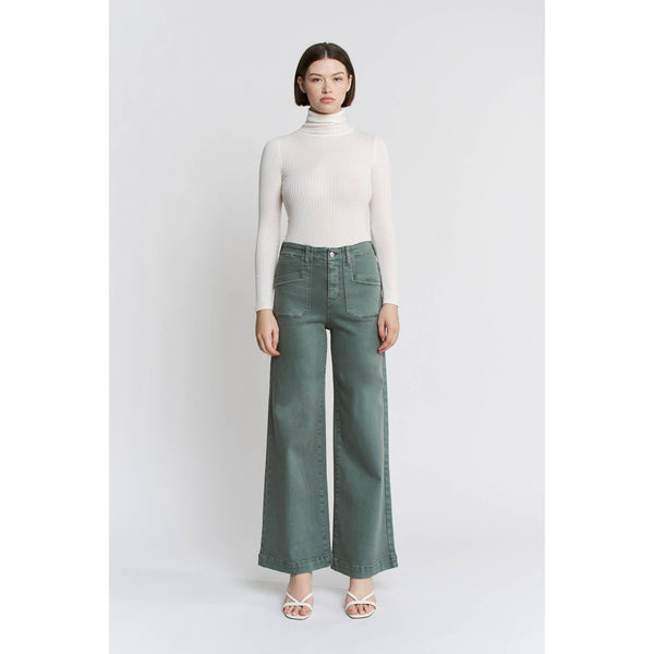 Mica Denim Remi High Rise Wide Leg Jeans – Sage Green Vintage Wash Stretch Denim