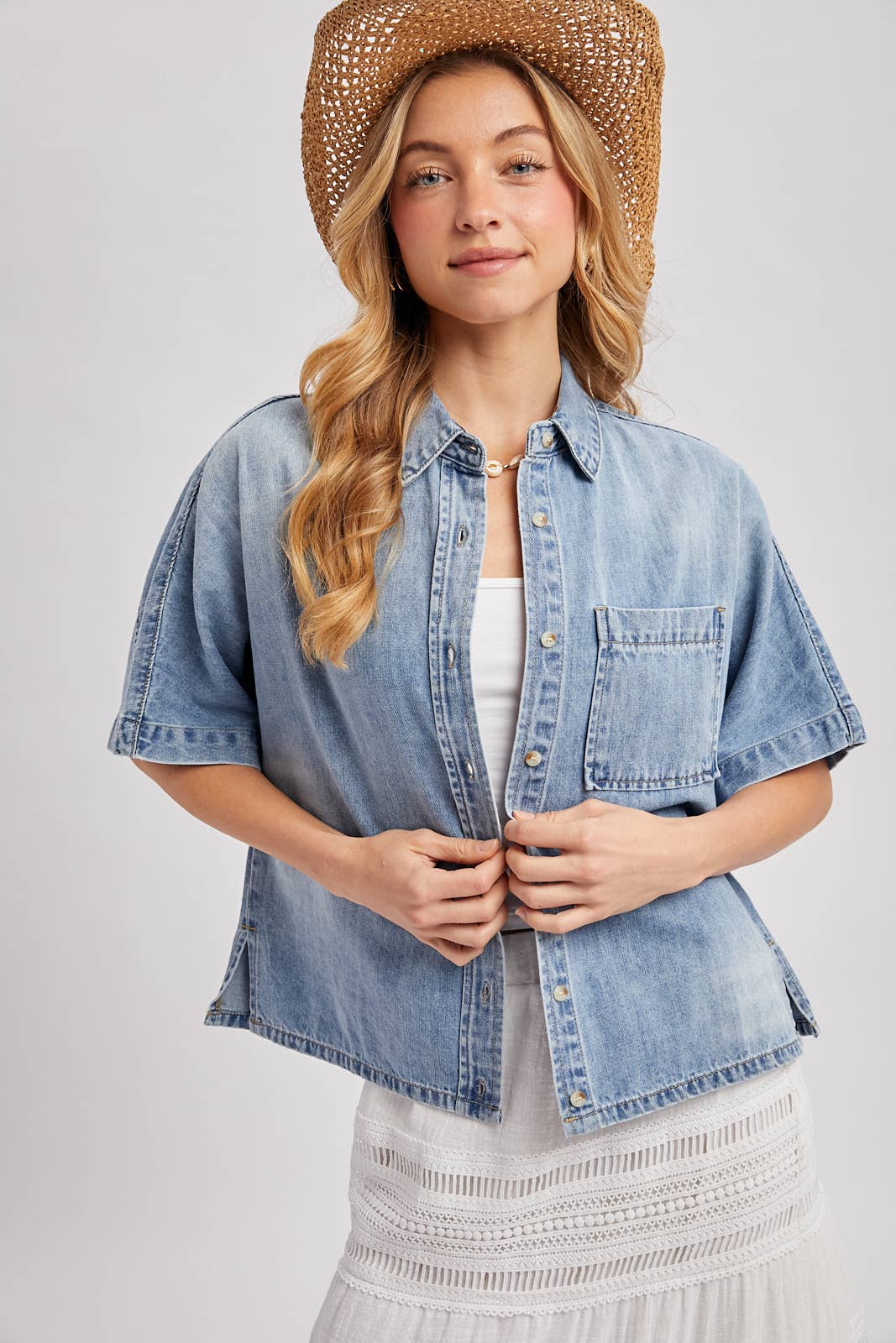 Della Denim Short Sleeve Boxy Top: Light Wash