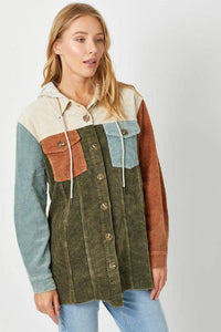 Sadie Color Block Corduroy Hoodie Shacket – Washed Button Down Hi-Low Hem