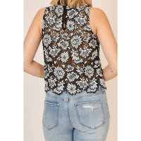 The Celeste Floral Crochet Lace Top: Black.Off White – Monochrome Sleeveless Feminine Blouse
