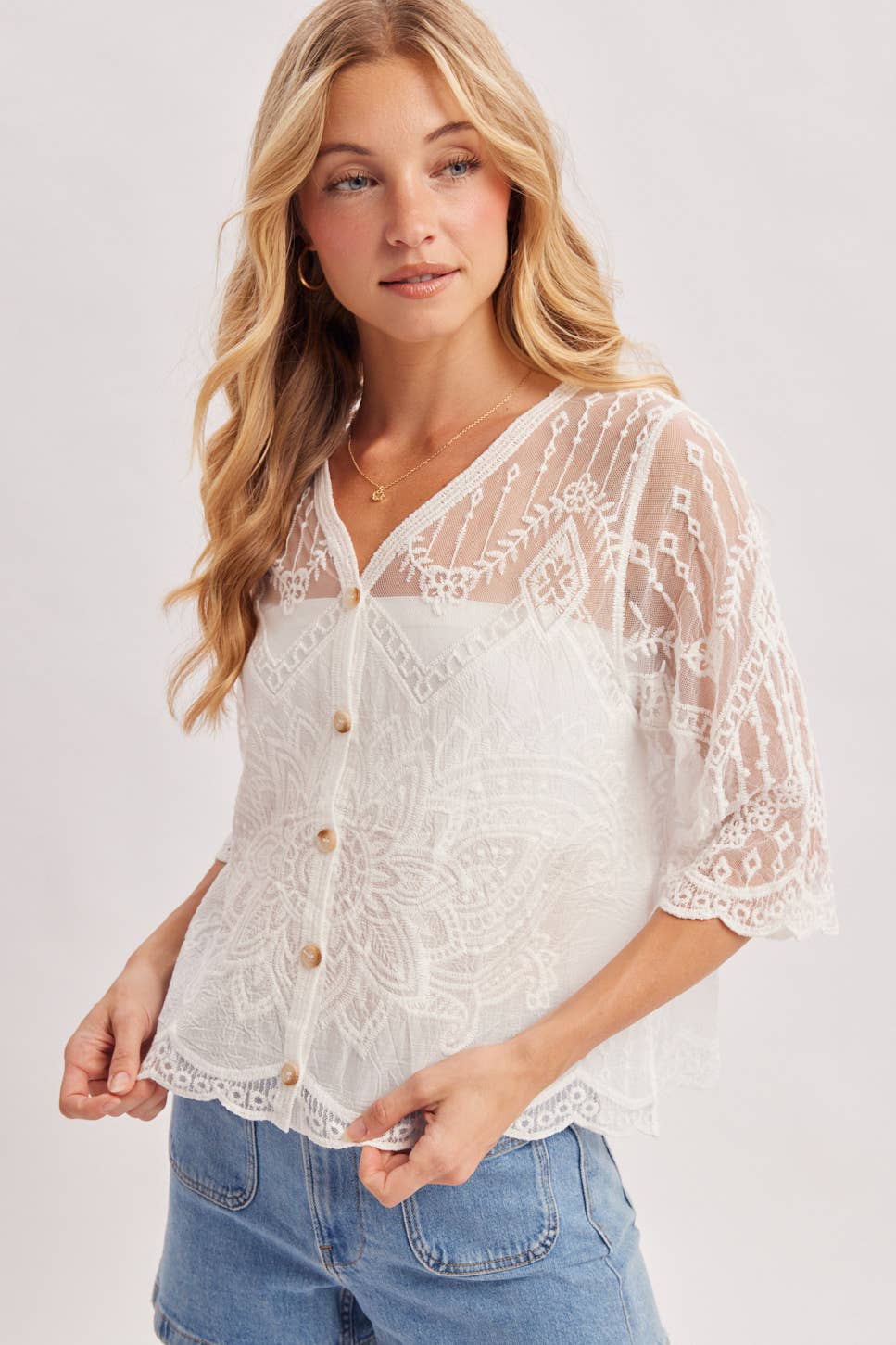 Ivory Embroidered Sheer Lace Button Front Blouse