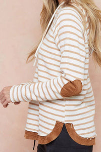 Paige Striped Hoodie Top With Elbow Patch: Toffee