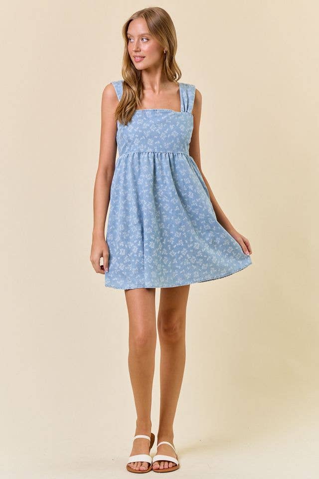Bluebell Breeze Floral Chambray Babydoll Mini Dress: Light Denim – Square Neck Denim Boutique Dress with Pockets
