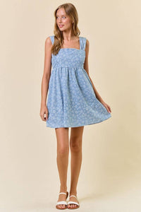 Bluebell Breeze Floral Chambray Babydoll Mini Dress: Light Denim – Square Neck Denim Boutique Dress with Pockets