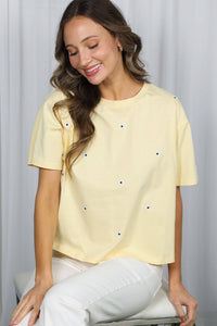 The Daisy Floral Embroidered Cotton Tee: Yellow – Crew Neck Drop Shoulder Casual Top