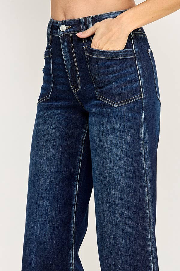 Petra "Sloane"  Patch Pocket Wide Leg High Rise Jeans: Dark Wash