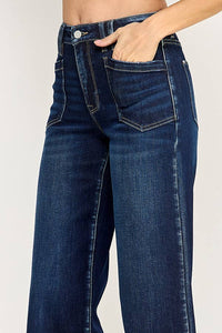 Petra "Sloane"  Patch Pocket Wide Leg High Rise Jeans: Dark Wash
