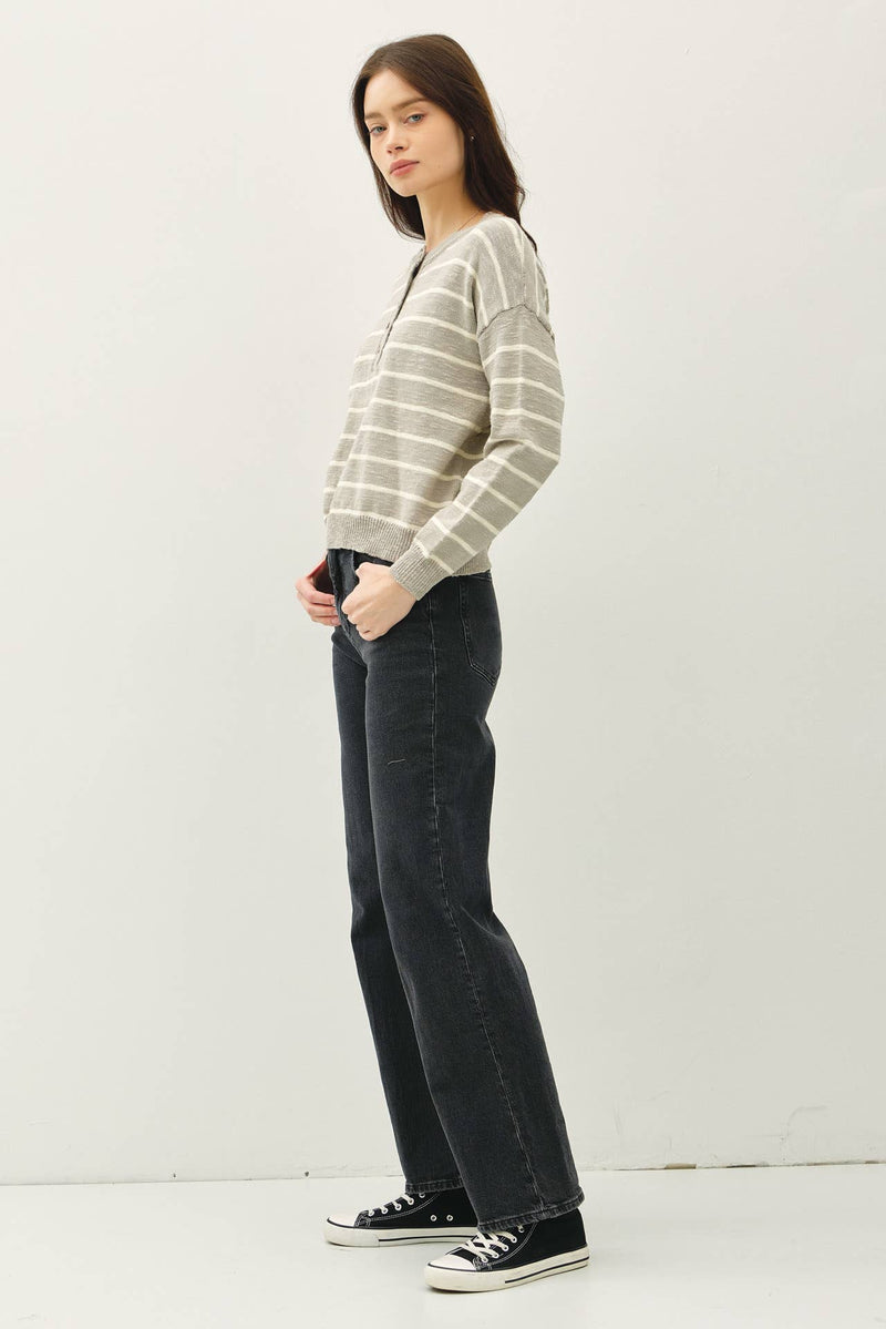 The Rowan Striped Henley Pullover Sweater – Cotton Slub Knit, Casual Drop Shoulder Crewneck