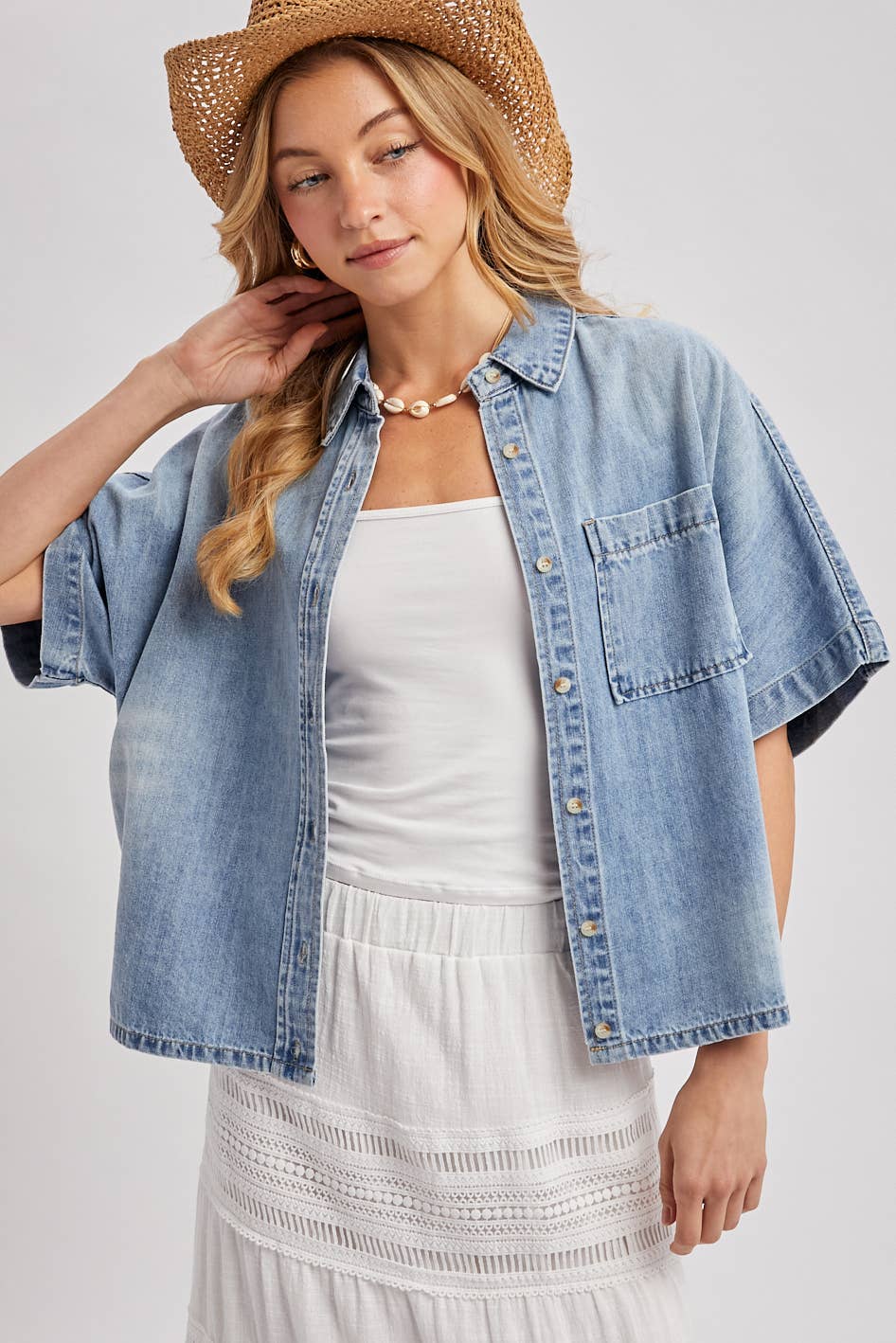 Della Denim Short Sleeve Boxy Top: Light Wash