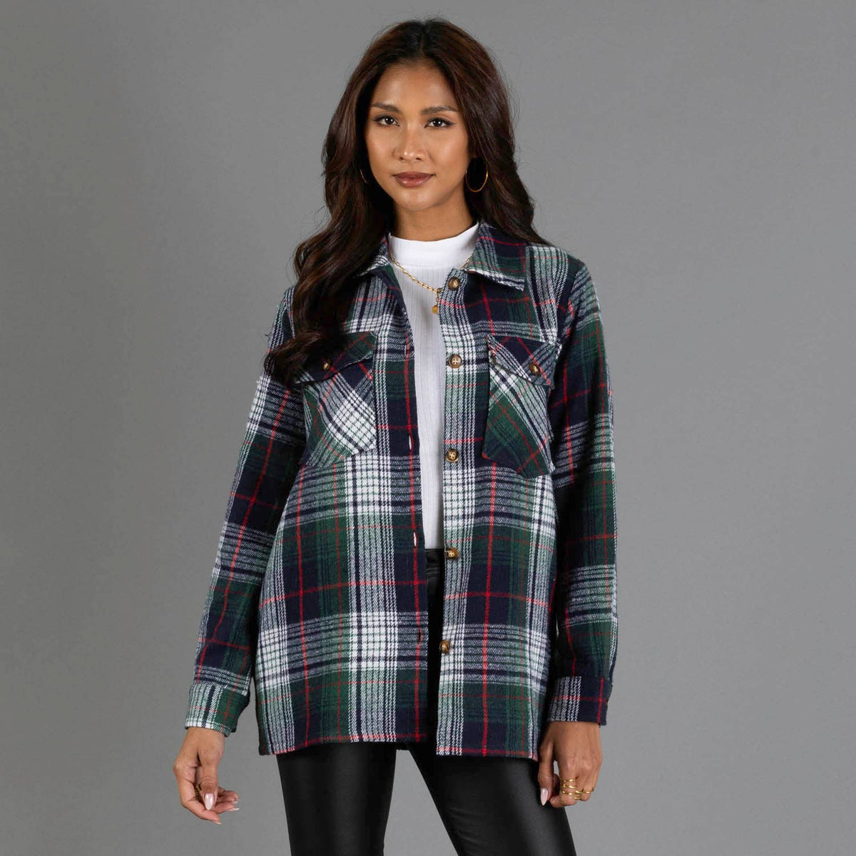 The Evergreen Plaid Shacket: Navy, Green, Red, White
