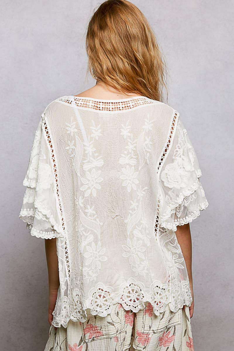 V-neck Short Sleeve Crochet Trim Solid Top: CAMEL / Os