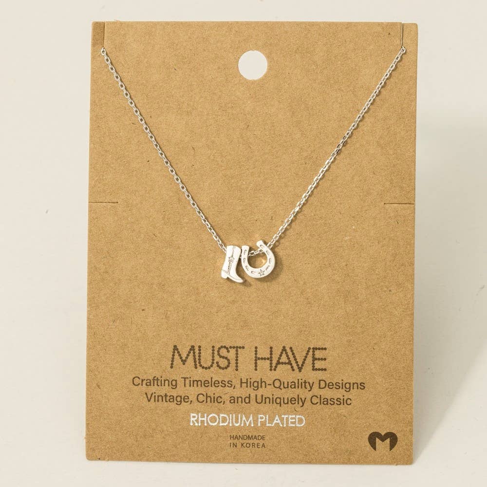 Lucky Cowgirl Charm Necklace – Western Boot & Horseshoe Pendant in Gold or Silver