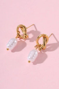 18K Gold Stainless Steel Bow Knot Pearl Drop Earrings – Tarnish Free Waterproof Studs