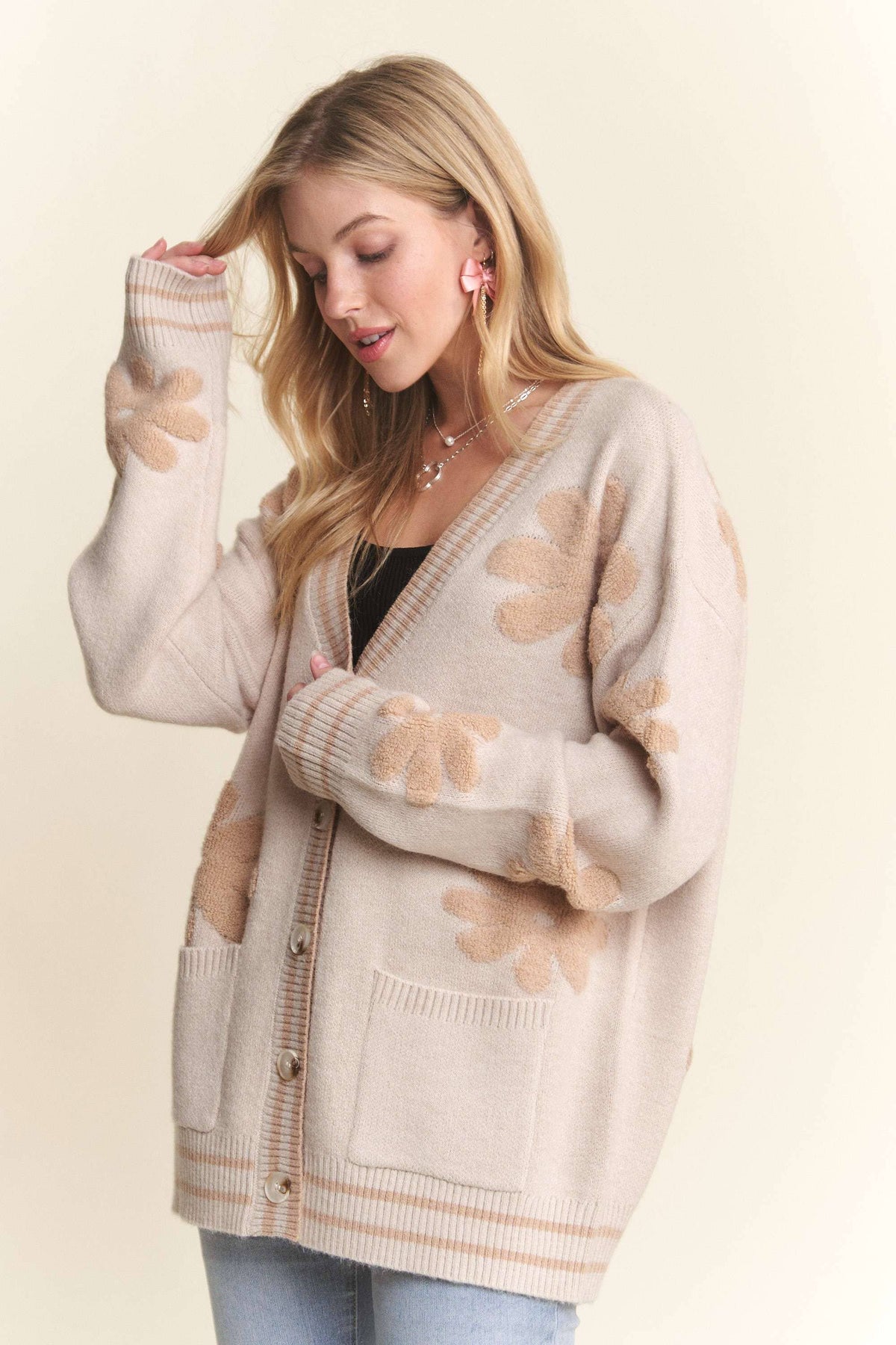 Penney Puff Floral Cardigan: Oatmeal