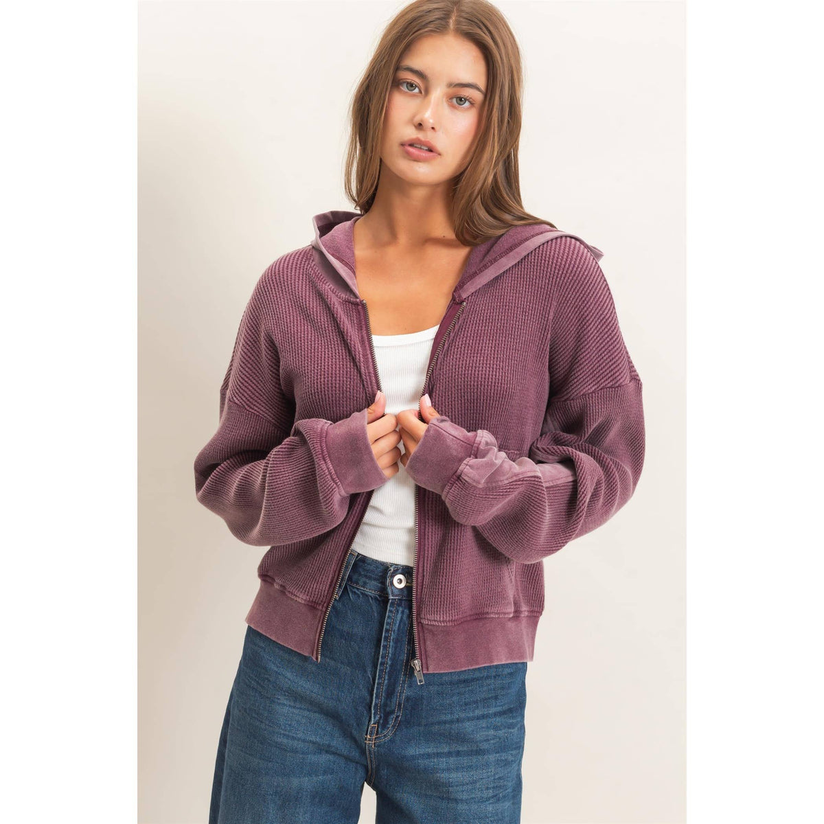 The Unwind Waffle Zip Hoodie: Dark Cherry