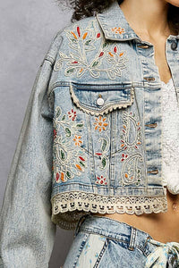 Magnolia Mae Embroidery Lace Trim Denim Jacket