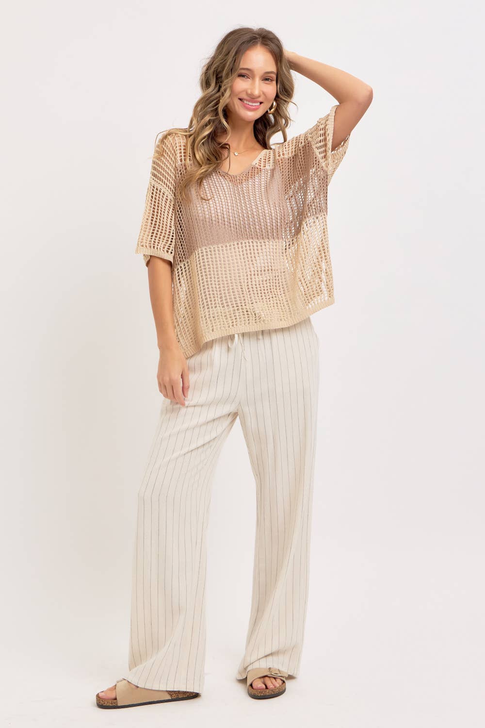 Jade Slouchy Open-Knit V-Neck Top