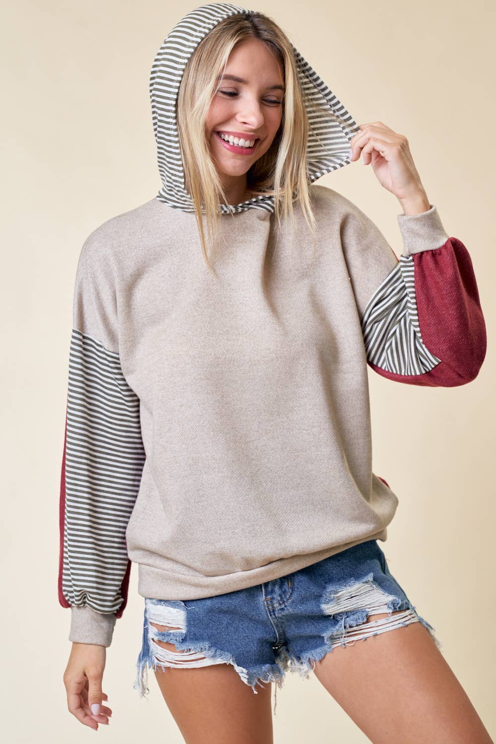 All the Time Color Block Striped Hoodie: TAUPE/BRICK