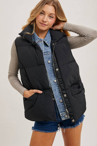 Riverton Layered Look Puffer Vest – Women’s Denim Trim Padded Vest, Fall Winter Zip-Up Outerwear