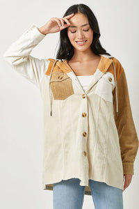 Sadie Color Block Corduroy Hoodie Shacket – Washed Button Down Hi-Low Hem