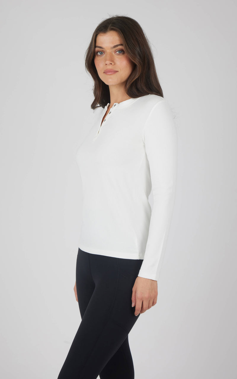 Brinley Rib Knit Henley Long Sleeve Top — Women’s Essential Layering Tee | Soft Stretch Rib