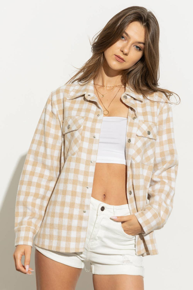 Hattie Spring Gingham Shacket: Beige