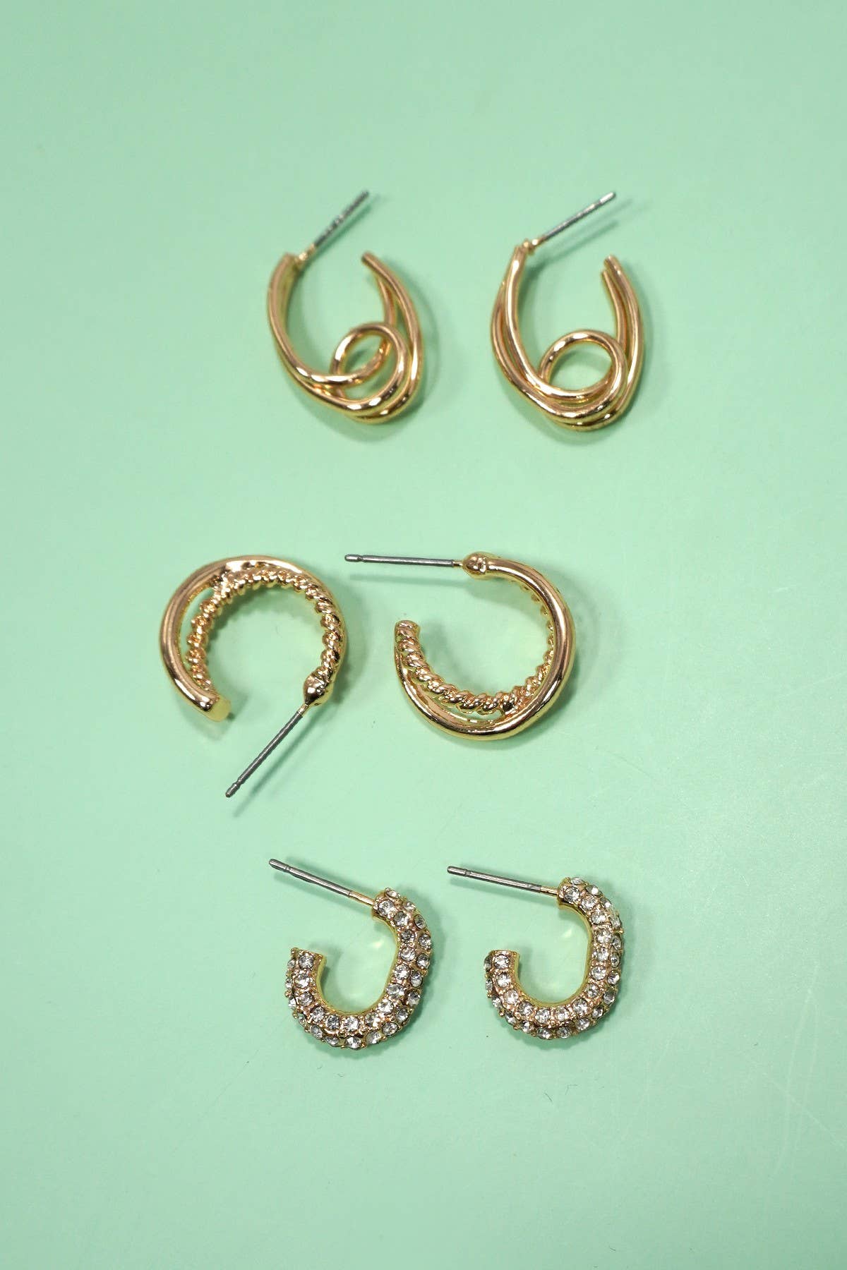 Gold Rhinestone Huggie Hoop Earring Trio – Titanium Post Hypoallergenic Set