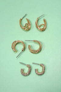 Gold Rhinestone Huggie Hoop Earring Trio – Titanium Post Hypoallergenic Set