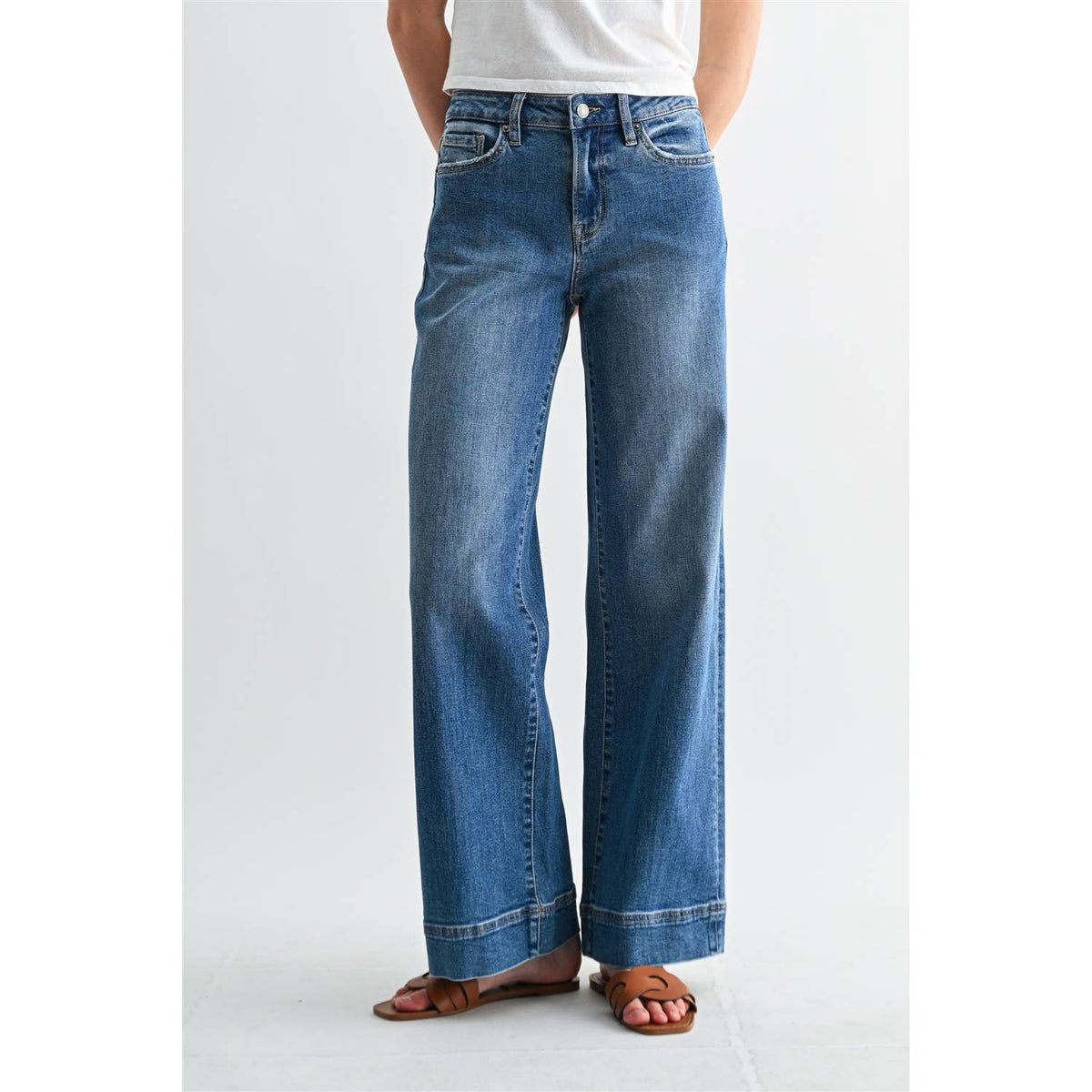 MICA "Camille" Mid Rise Wide Leg Trouser Hem Jeans: Medium Wash