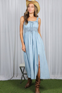 Front Bow Accent 100%Tencel Chambray Denim Dress VD83108A: Light Denim / M