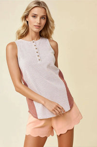 Millie Striped Sleeveless Henley Tank Top – Casual Summer Knit Shirt