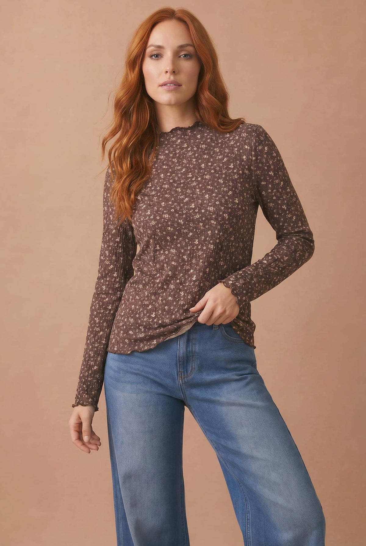 Meadow Mock Neck Floral Ribbed Top: Brown