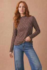 Meadow Mock Neck Floral Ribbed Top: Brown